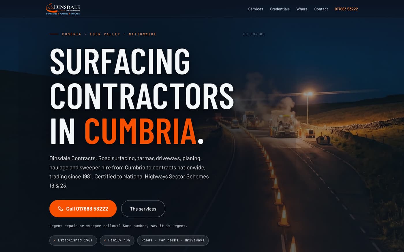 The Dinsdale Contracts homepage: a night resurfacing scene behind large condensed type reading Surfacing Contractors in Cumbria.
