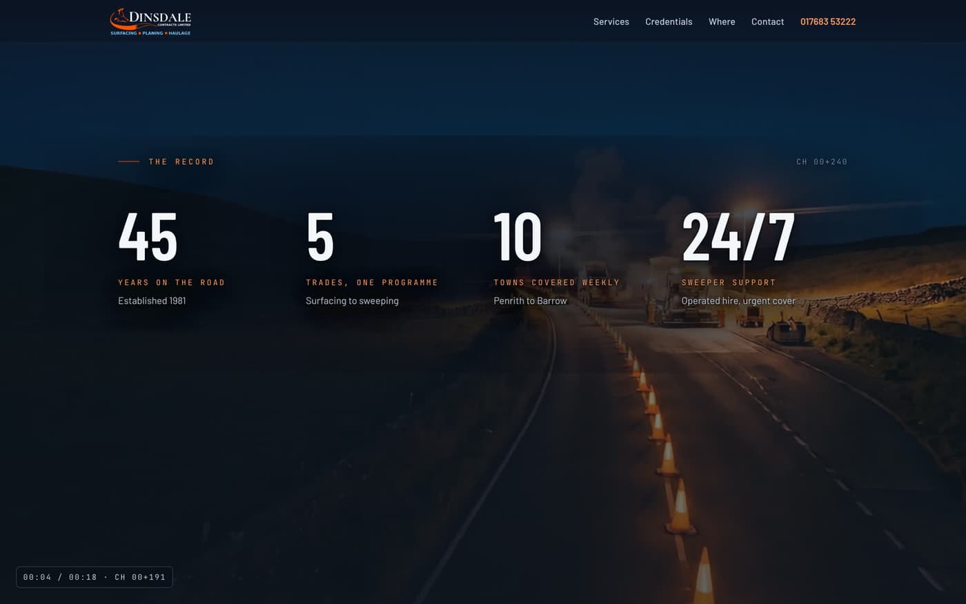 Partway down the Dinsdale Contracts homepage, the film still filling the background behind the content.