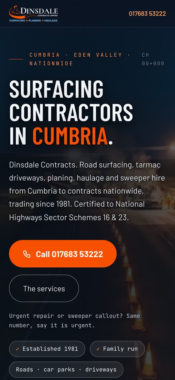 The Dinsdale Contracts homepage on a phone, showing the composed still instead of the film.