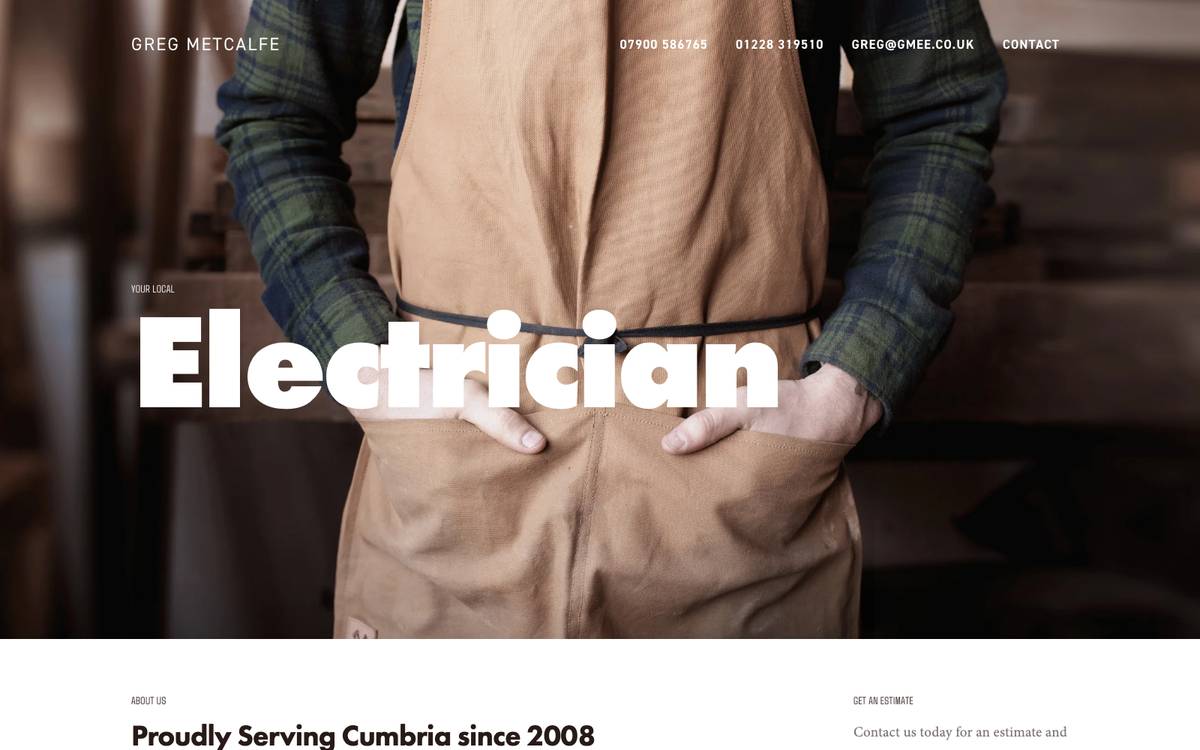 Greg's previous website: a generic template fronted by a stock photo of a joiner.