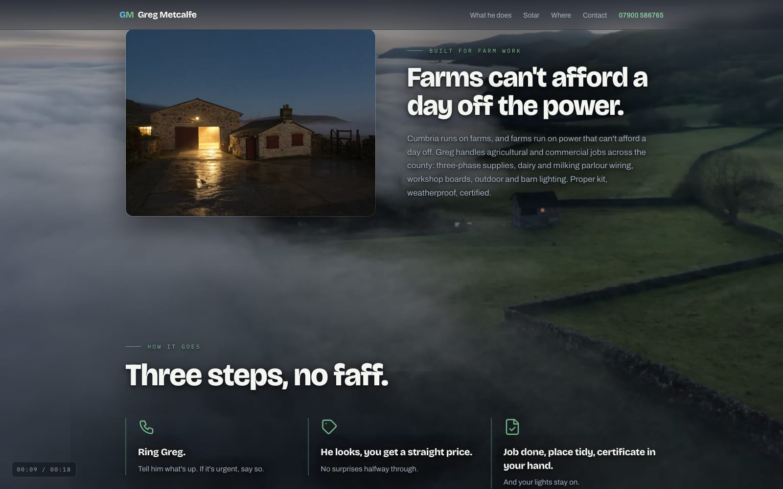 Partway down the Greg Metcalfe homepage: the farm work section over the misty Eden Valley film, with the film timecode running in the corner.